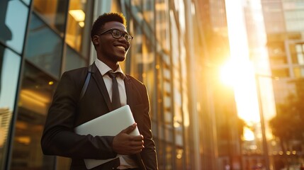 Sticker - handsome young Afro American businessman in classic suit holding a laptop and smiling while leaving the office building.