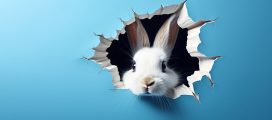 Wall Mural - bunny peeking out of hole on blue wall, in the style of photorealistic pastiche
