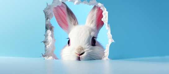 Wall Mural - bunny peeking out of hole on blue wall, in the style of photorealistic pastiche