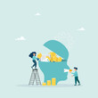 © STANISLAV - The female and male characters insert a light bulb, books and equipment into a man's head to improve his work skills. Skill development concept.Flat vector illustration