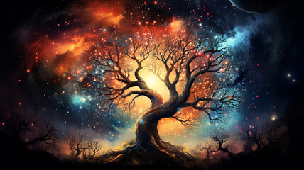 Wall Mural - fairytale illustration of the tree of life of the universe, the image of a large old tree against th