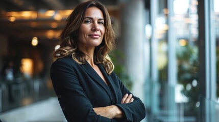 Sticker - Portrait of mature business woman with arms crossed looking at camera. Happy smiling mid businesswoman standing in office