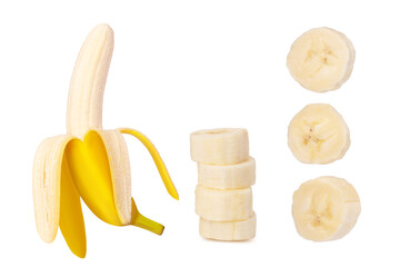 Wall Mural - A set of bananas, whole, peeled, chopped. Isolated on white background.