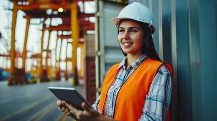 Poster - Smiling Portrait of a Beautiful Latin Female Industrial Engineer in White Hard Hat, High-Visibility Vest Working on Tablet Computer. Inspector or Safety Supervisor in Container Terminal