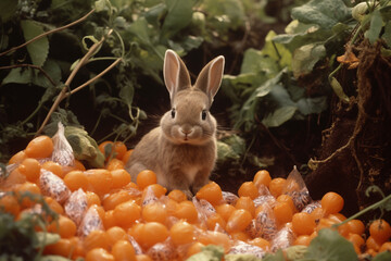 Wall Mural - Chocolate-covered bunnies with marshmallow tails, hopping through a carrot patch of orange jellybeans.