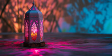 Arabische Laterne Mit Brennender Pink Farbener Kerze Und Schönem Hintergrund, Ramadan Islam Religion Nahaufnahme, Ai Generativ