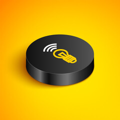 Poster - Isometric line Smart light bulb system icon isolated on yellow background. Energy and idea symbol. Internet of things concept with wireless connection. Black circle button. Vector