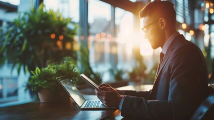 Poster - Young modern business man working using digital tablet while sitting in the office