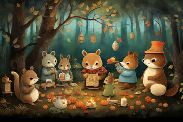 Aufkleber - An enchanting illustration featuring adorable woodland creatures like rabbits, squirrels, and owls engaging in playful activities.