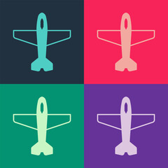 Sticker - Pop art Plane icon isolated on color background. Flying airplane icon. Airliner sign.  Vector