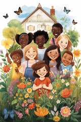 Aufkleber - Illustration celebrating diversity and friendship, featuring a garden where children from various backgrounds come together in harmony.