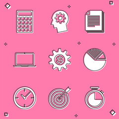 Poster - Set Calculator, Human head with gear inside, Document, Laptop, Gear dollar symbol and Pie chart infographic icon. Vector