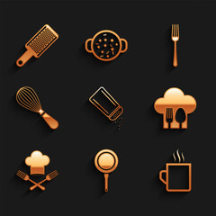 Wall Mural - Set Salt and pepper, Frying pan, Coffee cup, Chef hat with fork spoon, Kitchen whisk, Fork and Grater icon. Vector