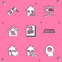 Sticker - Set House with key, Search house, Hanging sign Open, percant, contract, plan, heart shape and  icon. Vector