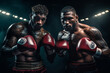 Two professional muscular African American boxers in boxing gloves in the ring before a fight