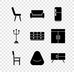 Poster - Set Armchair, Sofa, Refrigerator, Chair, Pouf, Chest drawers, Coat stand and  icon. Vector