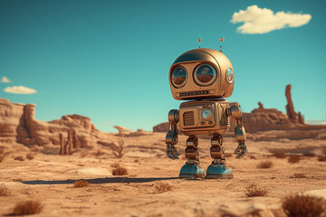 Poster - A whimsical pixel art scene featuring a robot in a retro-futuristic landscape, combining nostalgia with futuristic elements.