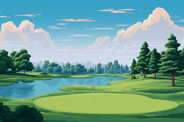 Leinwandbilder - Charming pixel art illustration of a golf course, featuring golfers in classic 8-bit style.