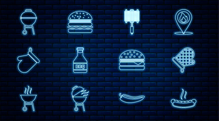 Canvas Print - Set line Hotdog sandwich, Oven glove, Barbecue steel grid, Ketchup bottle, grill, Burger and  icon. Vector