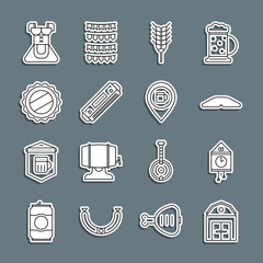 Sticker - Set line Farm House, Retro wall watch, Homemade pie, Wheat, Harmonica, Bottle cap, Costume for women dirndl and Alcohol beer bar location icon. Vector