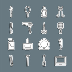 Canvas Print - Set line Makeup powder with mirror, Curling iron, Hairbrush, Nail polish bottle, dryer, Pipette and Scissors icon. Vector