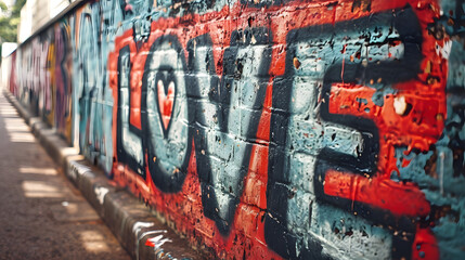 Wall Mural - LOVE graffiti art on a urban street wall texture with blurred bokeh background