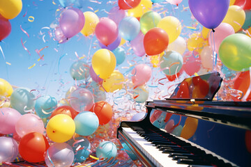 Poster - Imaginative pixel art of music notes transforming into colorful balloons, creating a whimsical visual representation.
