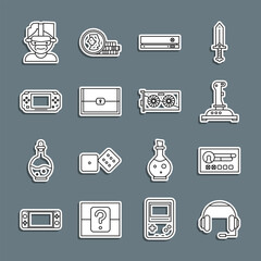 Poster - Set line Headphones, Create account screen, Joystick for arcade machine, Video game console, Chest, Portable video, Virtual reality glasses and graphic card icon. Vector