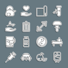 Poster - Set line IV bag, Massage table with oil, Mushroom, Fitness mat roll, Clipboard checklist, Leaf in hand, Teapot cup and Dumbbell icon. Vector