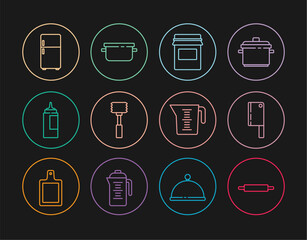 Poster - Set line Rolling pin, Meat chopper, Jam jar, Kitchen hammer, Sauce bottle, Refrigerator, Measuring cup and Cooking pot icon. Vector