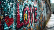 LOVE Graffiti Art On A Urban Street Wall Texture With Blurred Bokeh Background