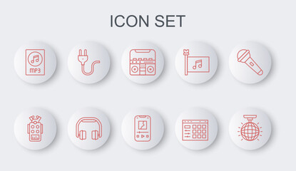 Poster - Set line Disco ball, Microphone, Home stereo with speakers, Drum machine, MP3 file document, Electric plug, Headphones and Music player icon. Vector