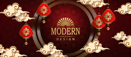 Wall Mural - Textured red illustration with round frame, lanterns on pendants in paper art style.