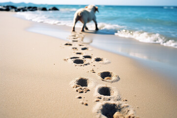 Leinwandbilder - A captivating image featuring a trail of paw prints imprinted in the sandy shore, capturing the essence of a playful beach day.