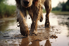 Dynamic Shot Capturing The Imprint Of Paw Prints In Wet Mud, Conveying A Sense Of Movement And Spontaneity.