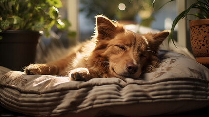 Leinwandbilder - Cozy scene capturing paw prints leading to a soft and inviting pet bed, emphasizing comfort and domestic bliss.