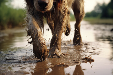 Leinwandbilder - Dynamic shot capturing the imprint of paw prints in wet mud, conveying a sense of movement and spontaneity.