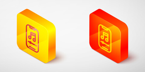 Canvas Print - Isometric line Music player icon isolated on grey background. Portable music device. Yellow and orange square button. Vector