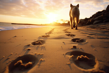 Leinwandbilder - Atmospheric photo featuring dog paw prints in sand against the backdrop of a stunning sunset, combining nature and companionship.