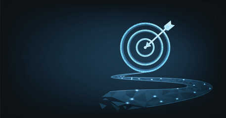 Aufkleber - Set up objectives and targets for business investment concepts. The blue round-shaped target consisting of polygons with a thin arrow represents setting goals correctly on a dark background.