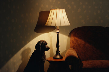 Wall Mural - A tranquil image featuring a subtle silhouette of a dog's shadow in the soft glow of a lamp, evoking a sense of calm companionship.