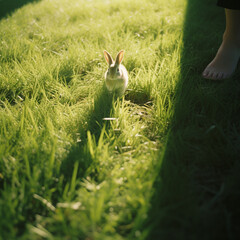 Leinwandbilder - Playful photograph featuring the whimsical shadow of a rabbit cast on lush green grass, conveying the charm of outdoor moments.