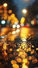 Wall Mural - glowing glow of golden lights in a foggy city night. abstract background of blurred city with shimme