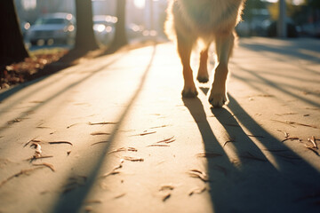 Leinwandbilder - Heartwarming image of a dog's paw shadow on a sunlit sidewalk, capturing the essence of joyful walks and companionship.