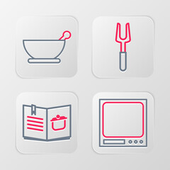 Poster - Set line Electronic scales, Cookbook, Barbecue fork and Mortar and pestle icon. Vector