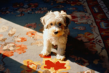 Leinwandbilder - Wholesome and playful representation of a puppy's shadow on a vibrant and colorful rug, evoking a sense of youthful energy.