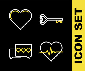 Poster - Set line Key in heart shape, Heart rate, Like and and  icon. Vector