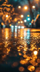 Wall Mural - glowing glow of golden lights in a foggy city night. abstract background of blurred city with shimme
