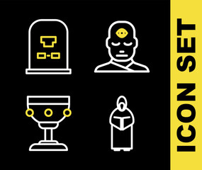 Poster - Set line Man with third eye, Monk, Christian chalice and Tombstone RIP written icon. Vector