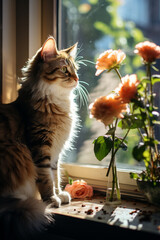 Leinwandbilder - Cozy and intimate image featuring the shadow of a cat's tail on a sunlit window sill, emphasizing the comfort of indoor spaces.